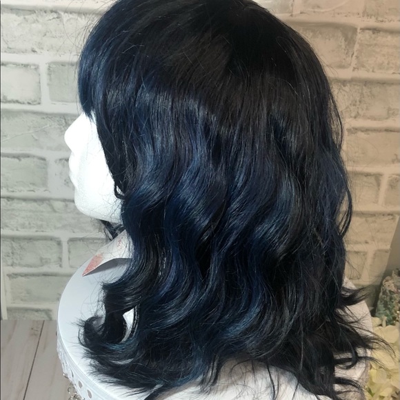 Black with Blue Highlights Shoulder Length Wavy Wig with Blunt Cut Bangs - Picture 7 of 7